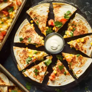 Mini cheesy quesadilla bites served on a platter with dipping sauce