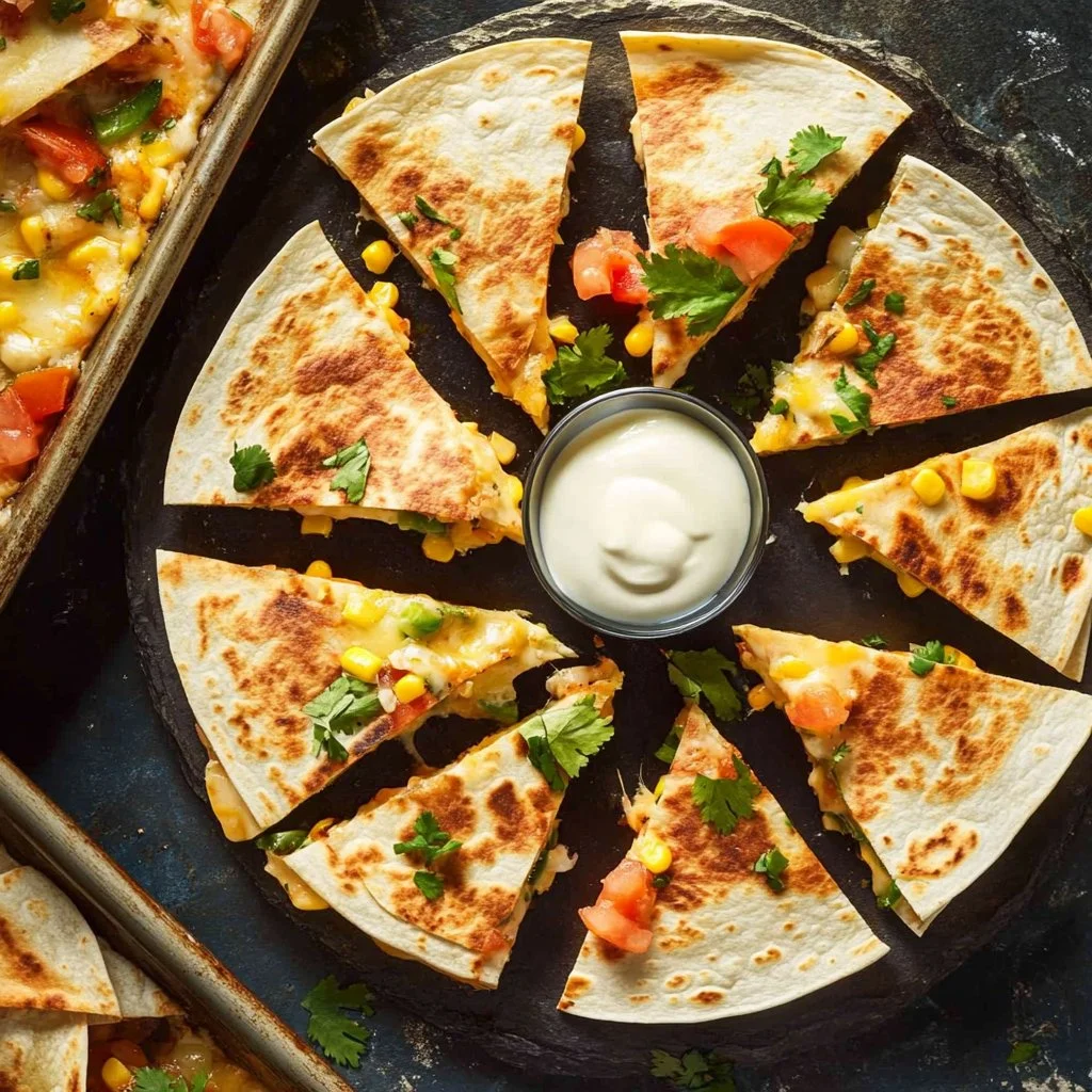 Mini cheesy quesadilla bites served on a platter with dipping sauce