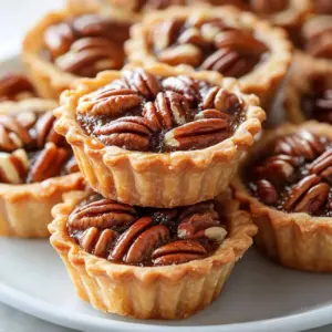 Delicious mini pecan pies served on a rustic wooden table.