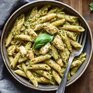 Delicious creamy chicken pesto pasta dish garnished with basil and Parmesan cheese