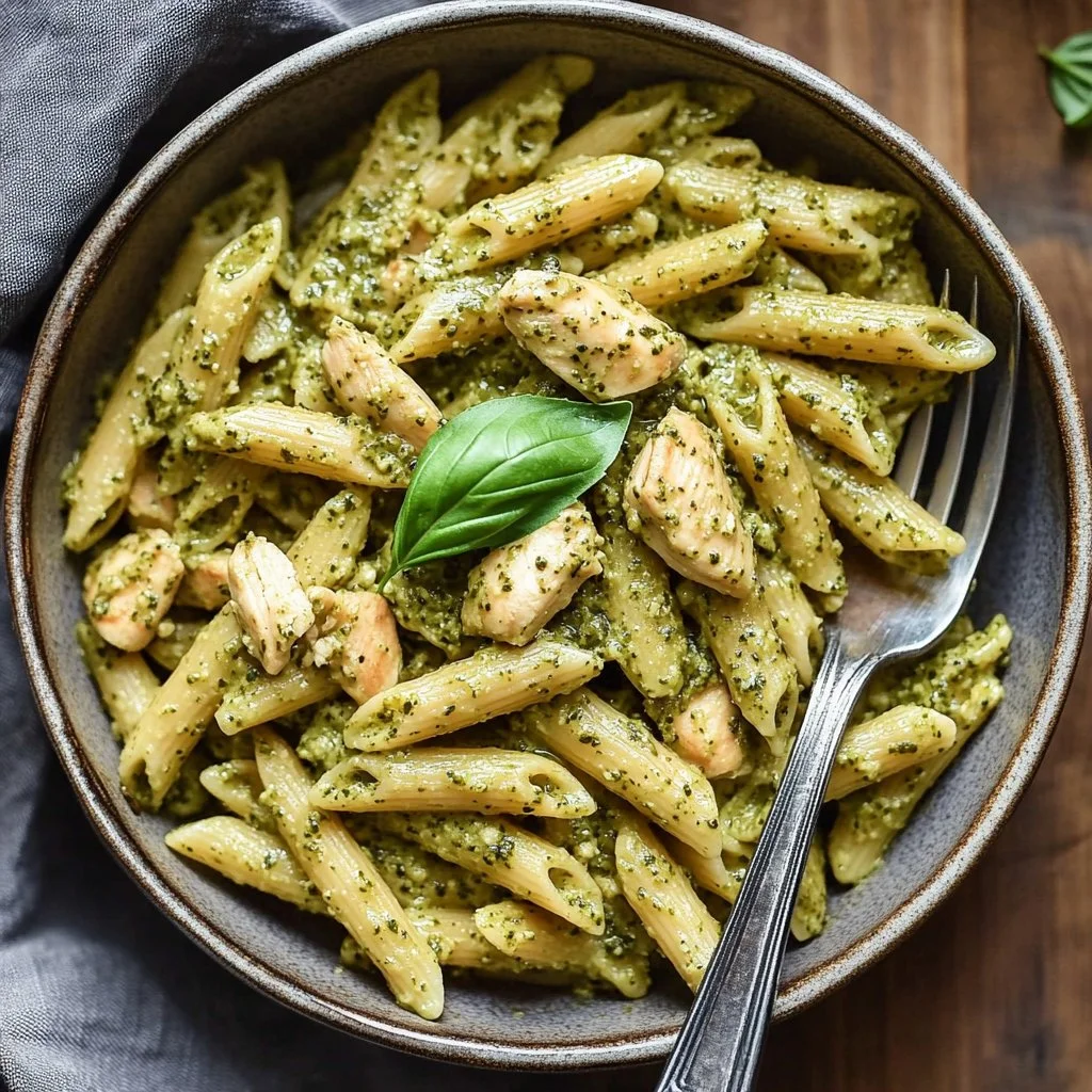 Delicious creamy chicken pesto pasta dish garnished with basil and Parmesan cheese