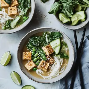 Colorful Minute Lemongrass Coconut Tofu Noodle Bowls garnished with fresh herbs.