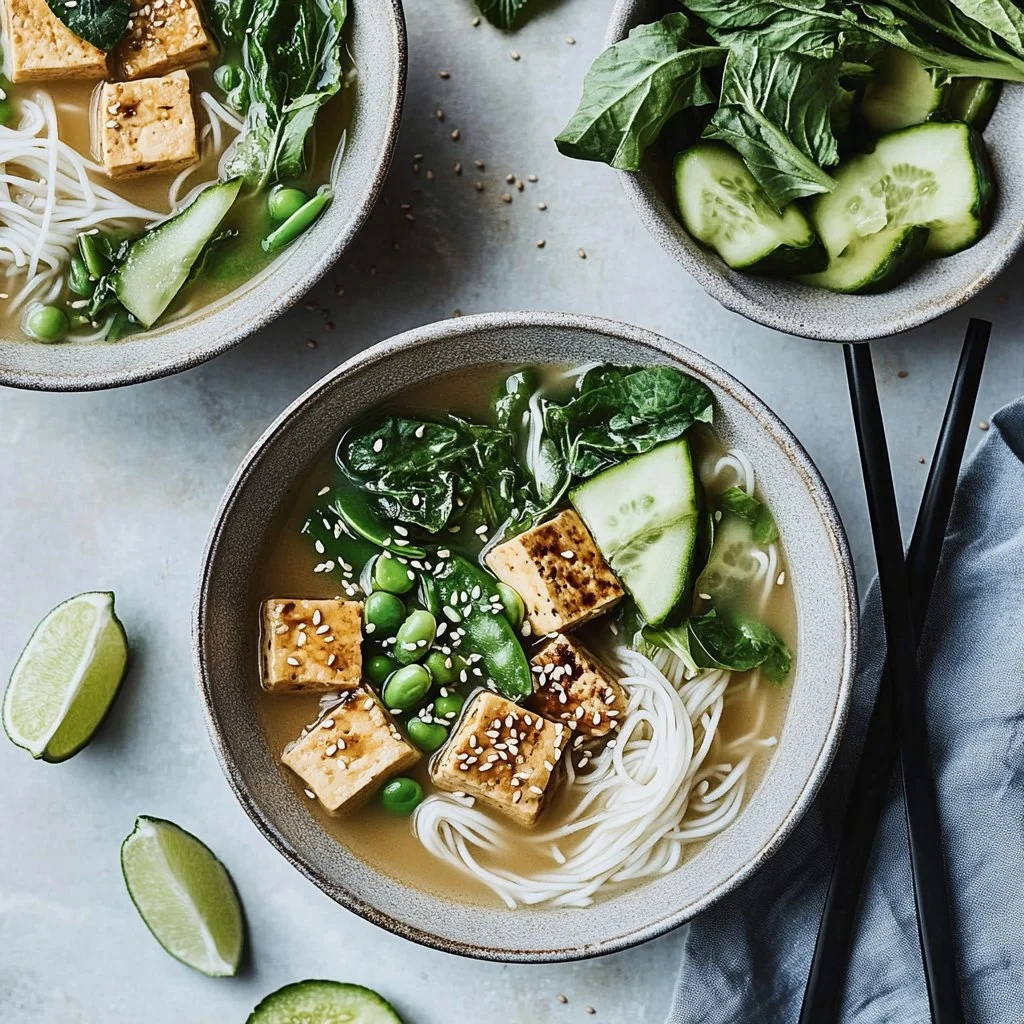 Colorful Minute Lemongrass Coconut Tofu Noodle Bowls garnished with fresh herbs.