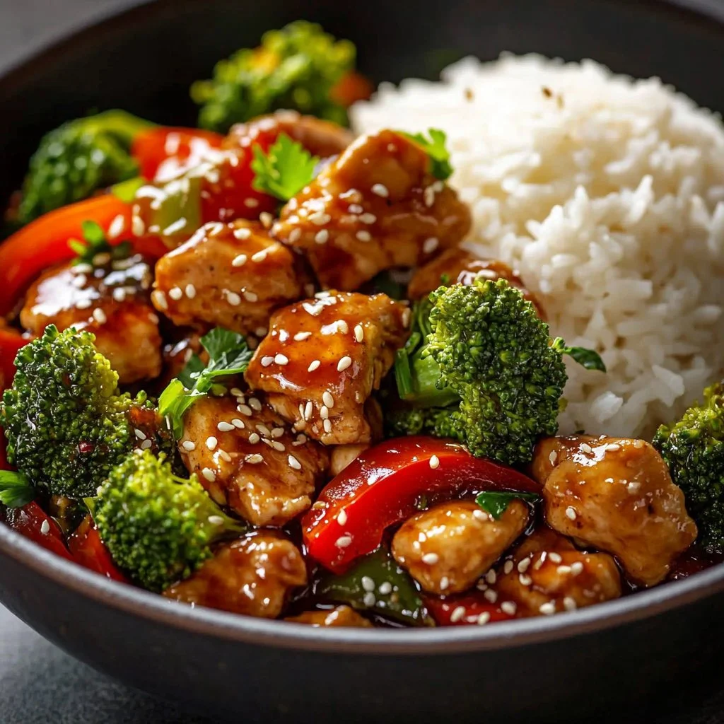 Minute Teriyaki Chicken Stir Fry recipe served in a bowl with vegetables