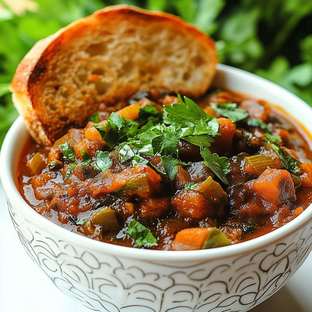 Bowl of Moroccan Zaalouk dip made with eggplant and tomatoes served with bread.