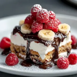 No-Bake Banana Split Dessert topped with whipped cream and cherries
