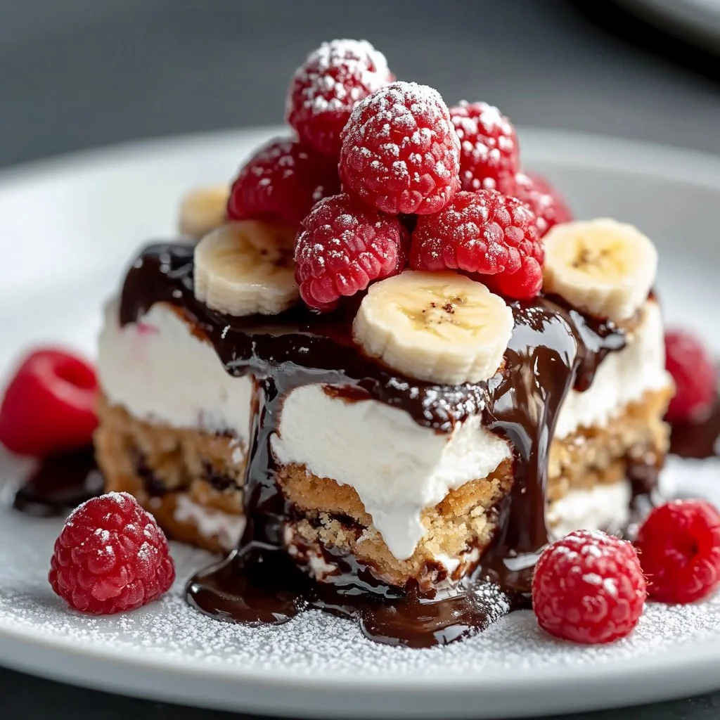 No-Bake Banana Split Dessert topped with whipped cream and cherries