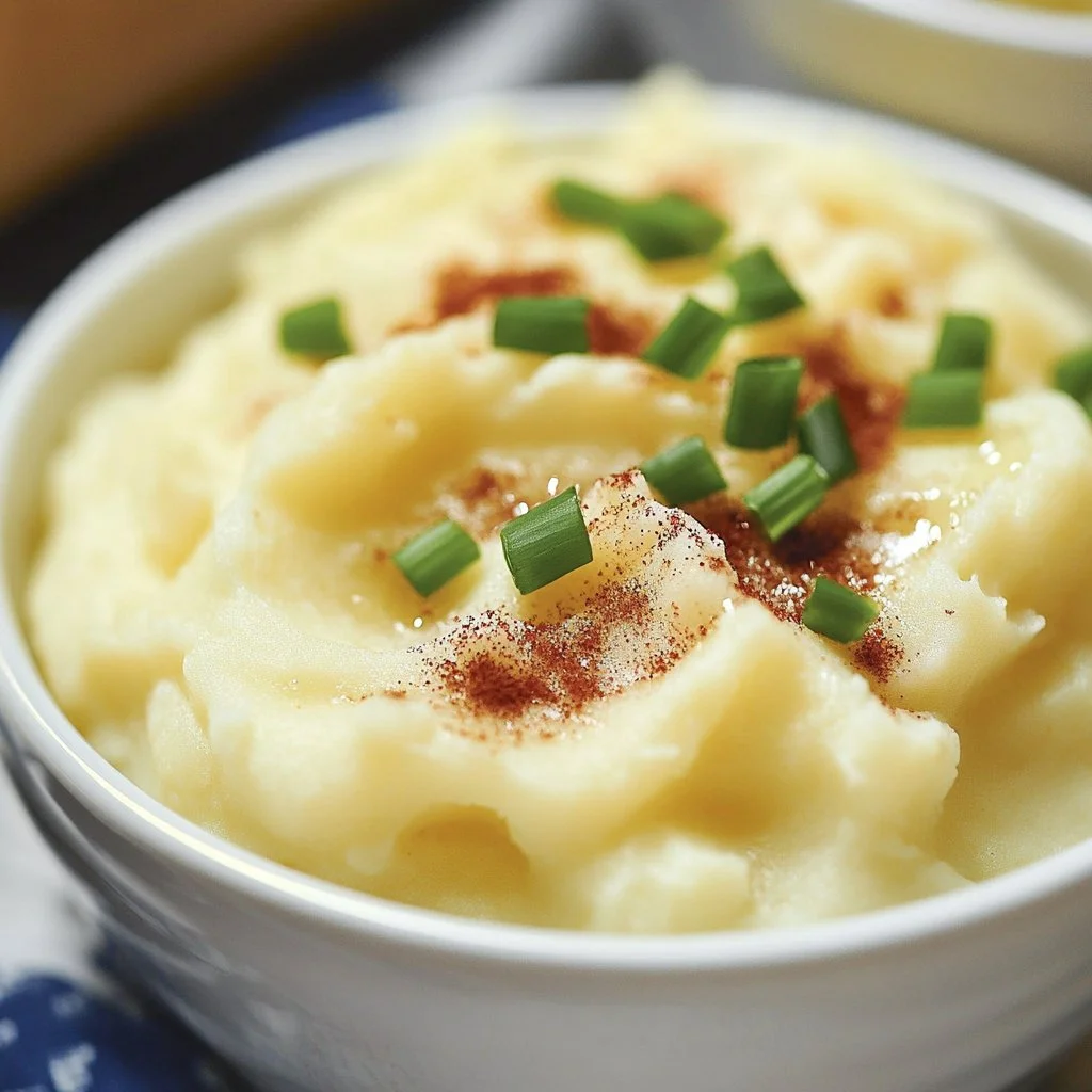 Bowl of old-fashioned potato salad garnished with herbs