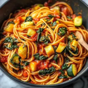 One-pot veggie spaghetti dinner with fresh vegetables and herbs