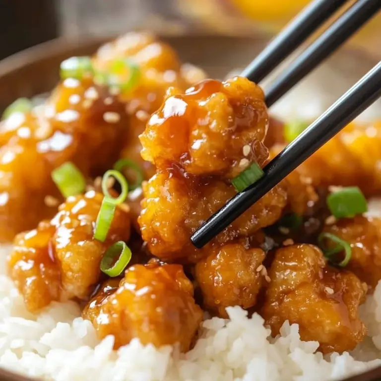 Plate of delicious orange chicken with vibrant sauce and garnishes.