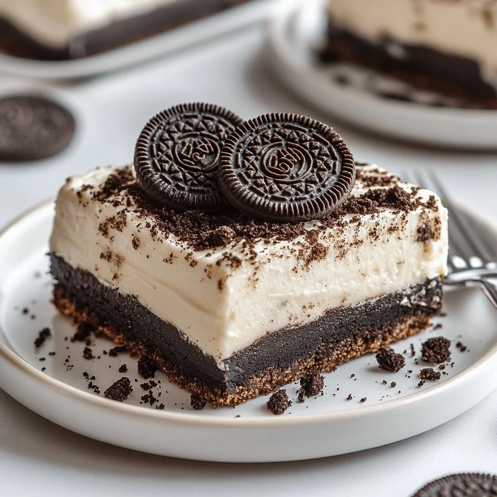 Delicious Oreo Lasagna dessert with layers of creamy filling and crushed cookies
