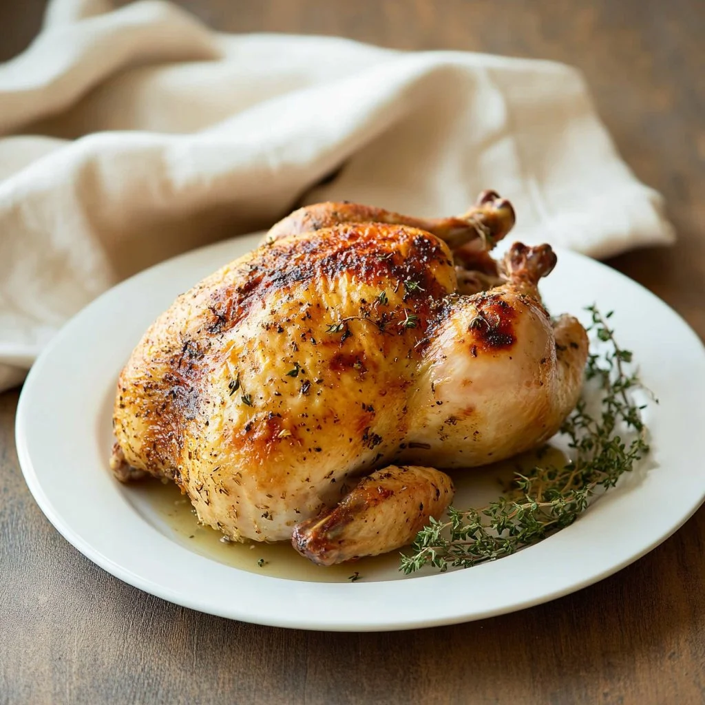 Delicious oven baked chicken served on a plate with herbs.