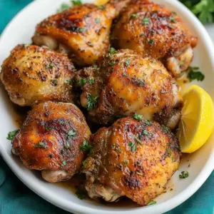 Juicy oven-baked chicken thighs seasoned and ready to serve.