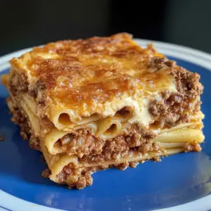 Delicious pastitsio dish with layers of pasta, meat, and béchamel sauce
