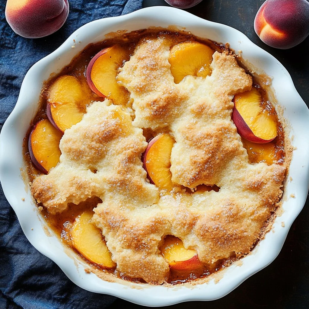 Gluten-free peach cobbler dessert fresh out of the oven.