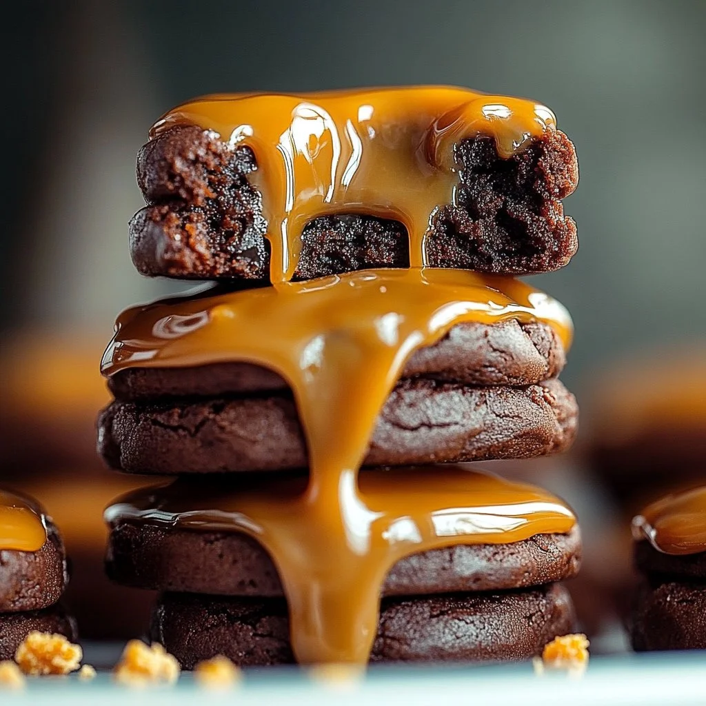 Peanut butter cookies drizzled with salted caramel on a baking tray