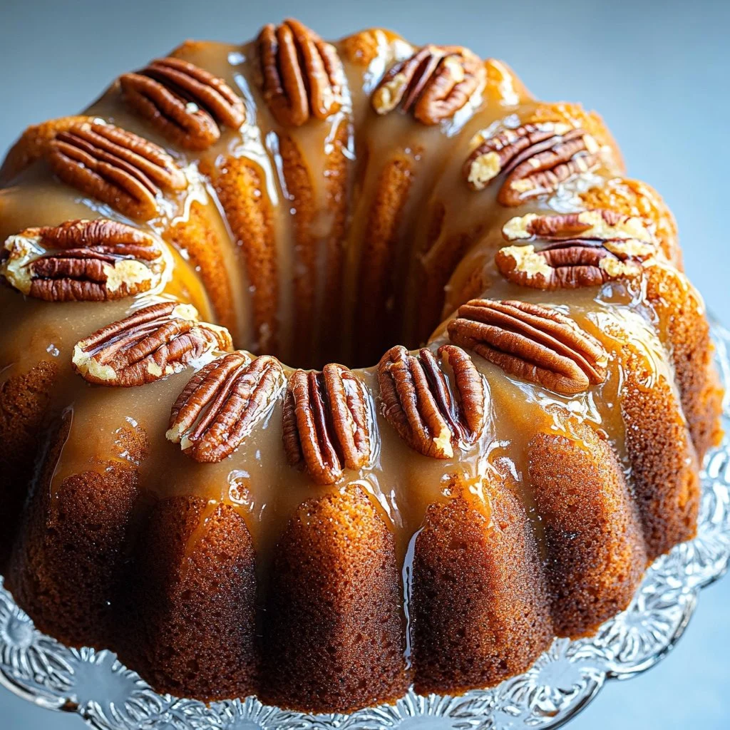 Delicious Pecan Upside-Down Bundt Cake on a rustic wooden table.