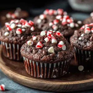 Freshly baked peppermint mocha muffins topped with festive chocolate and mint.