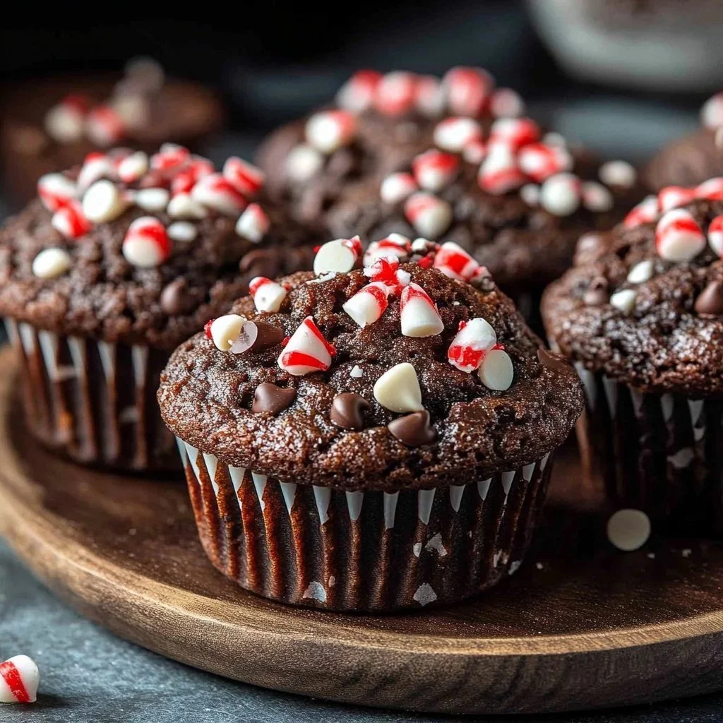 Freshly baked peppermint mocha muffins topped with festive chocolate and mint.
