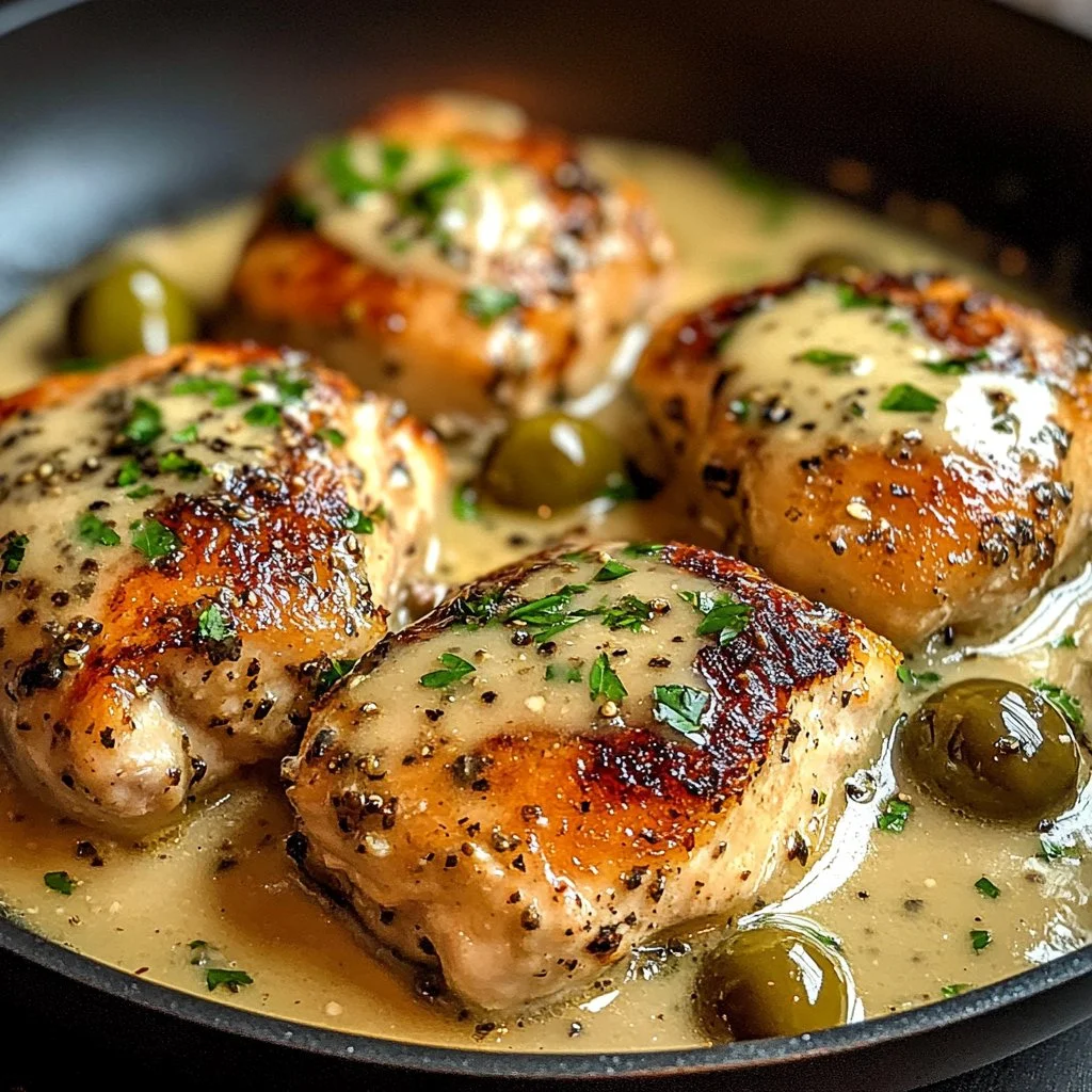 Pepperoncini creamed chicken skillet dish served in a frying pan