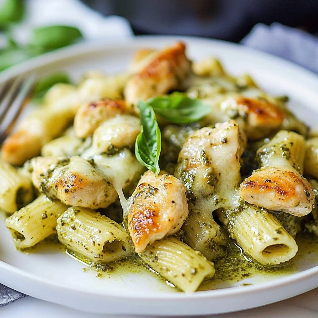 Pesto Chicken Gnocchi Bake topped with fresh basil and melted cheese