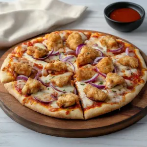 Pizza topped with crispy chicken nuggets, a delicious fusion meal