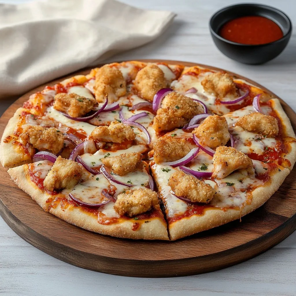 Pizza topped with crispy chicken nuggets, a delicious fusion meal