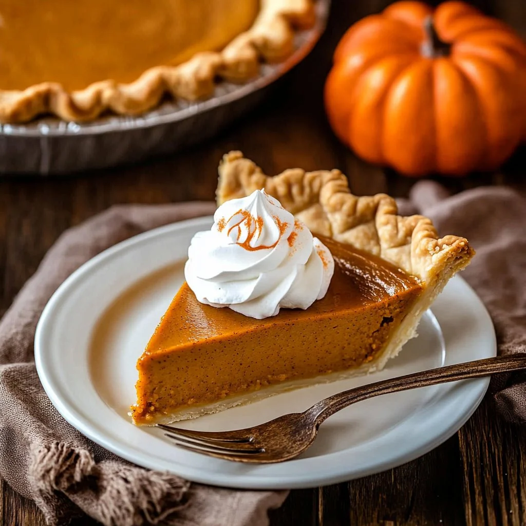 Delicious homemade pumpkin pie served with whipped cream on a festive table.