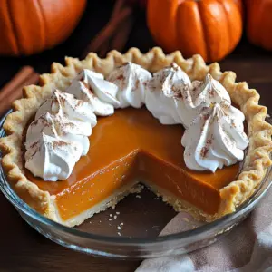 Homemade pumpkin pie topped with dulce de leche, served on a rustic wooden table.