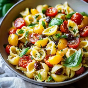 Colorful pasta salad with fresh vegetables and dressing in a bowl.