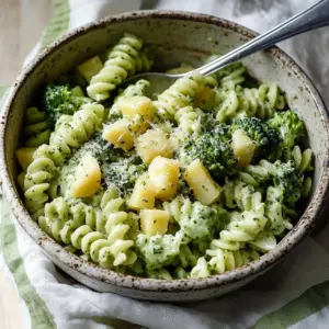 Bowl of quick and healthy broccoli pasta with fresh ingredients