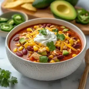 Bowl of quick chicken taco soup with fresh toppings