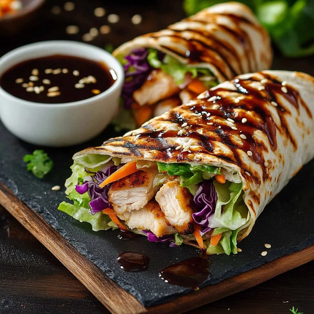 Quick teriyaki chicken wrap ready to enjoy on a plate