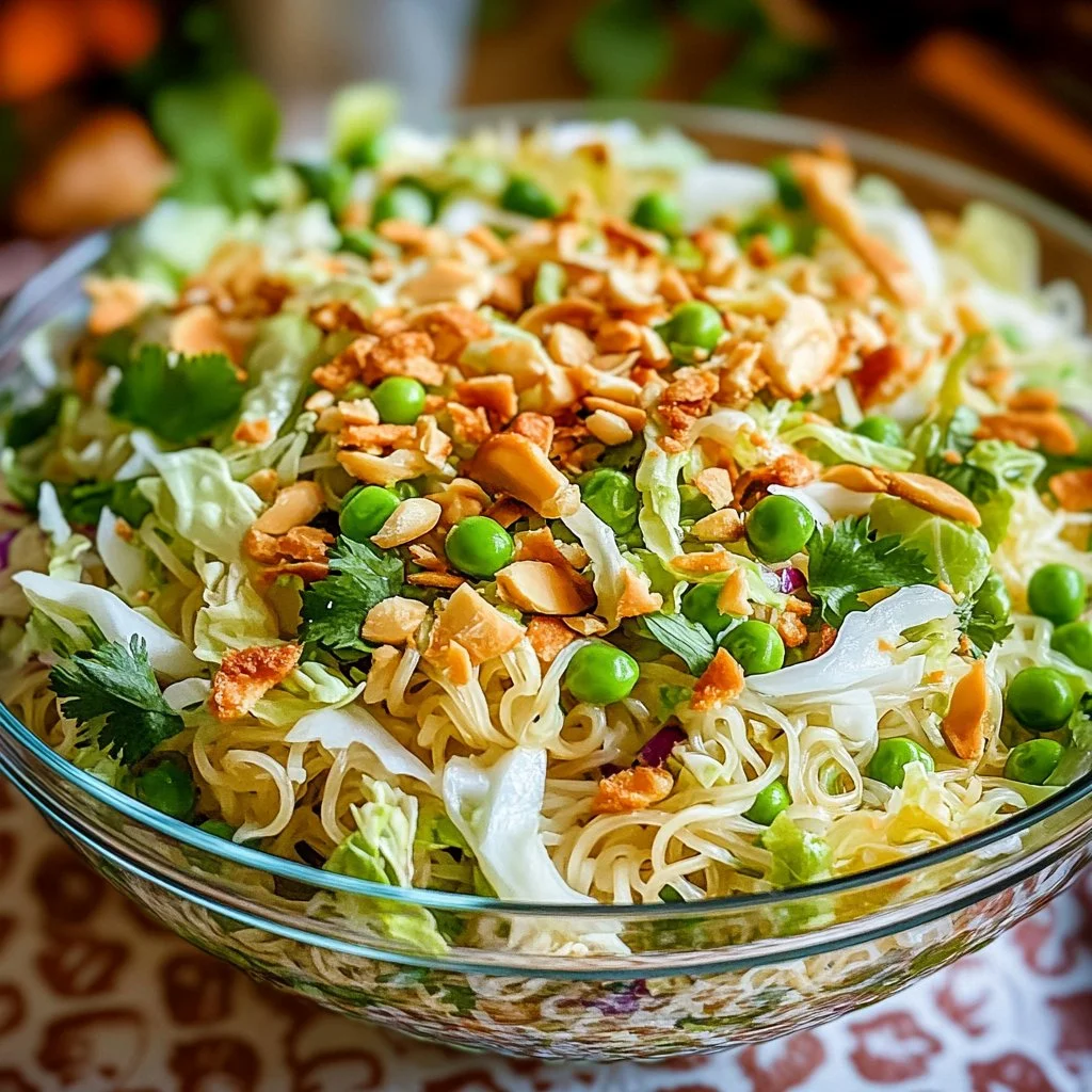 Delicious and colorful ramen noodle salad with veggies and dressing