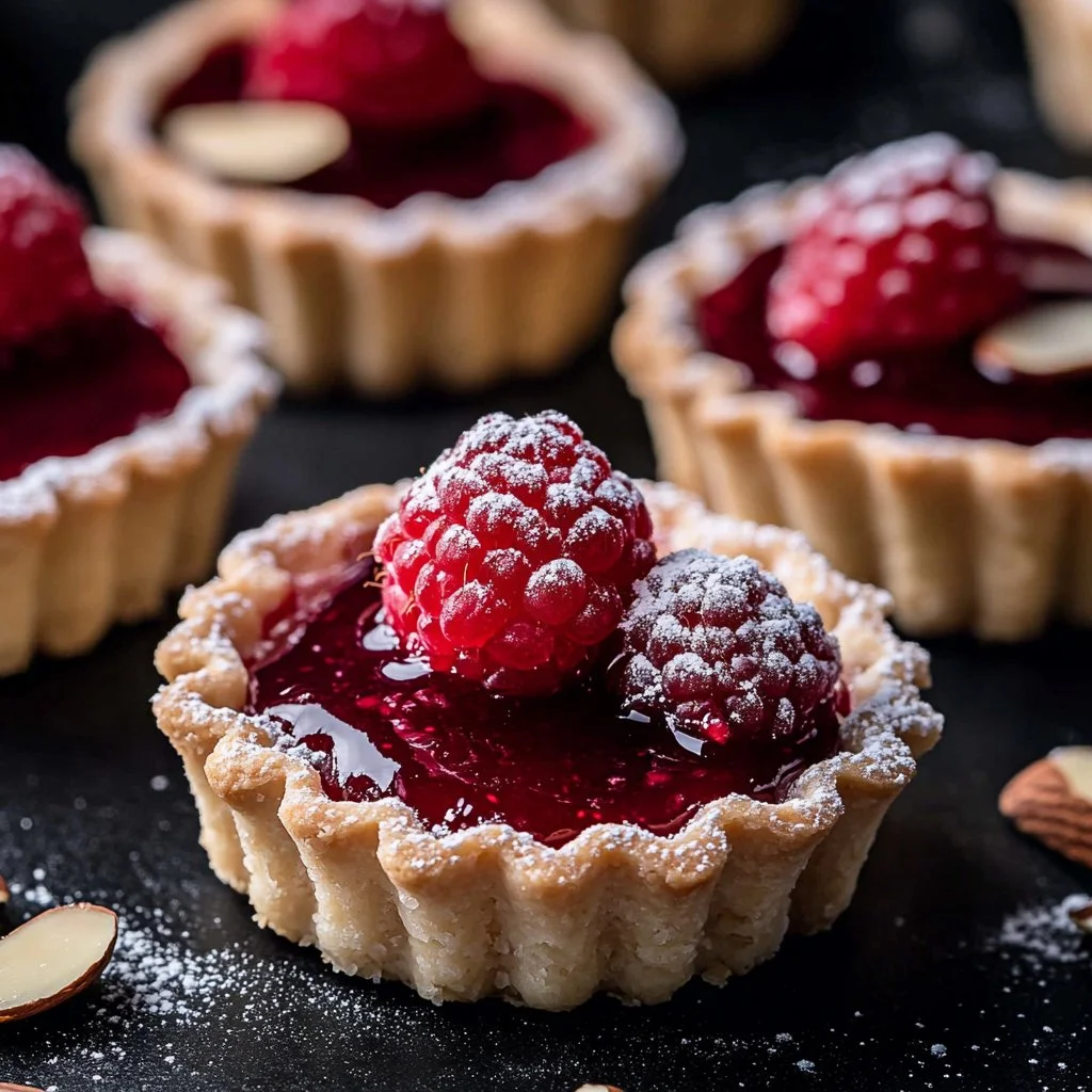 Plate of delicious raspberry almond tartlets garnished with fresh raspberries