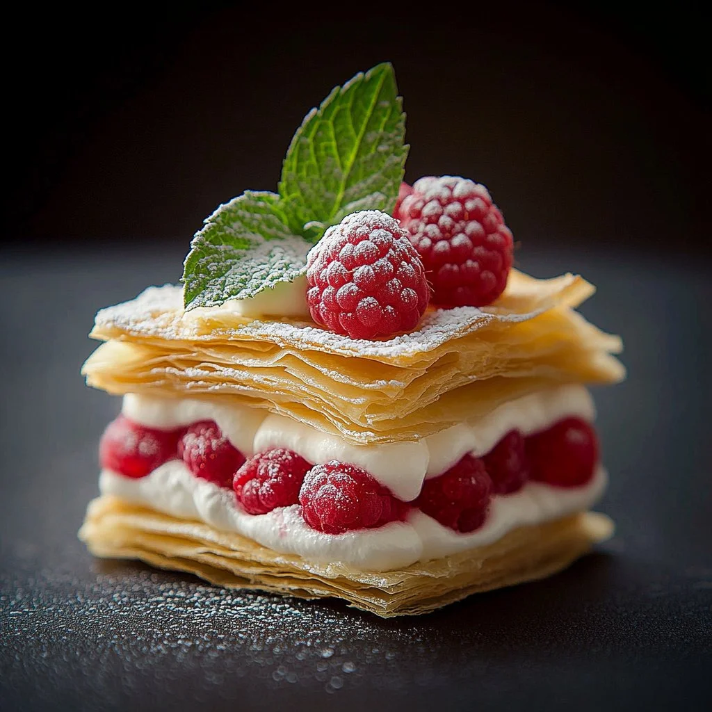 Raspberry Mille-Feuille layered cookies with fresh raspberries and cream