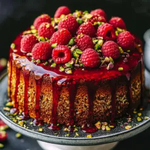 Delicious Raspberry Pistachio Layer Cake with fresh raspberries and pistachio nuts