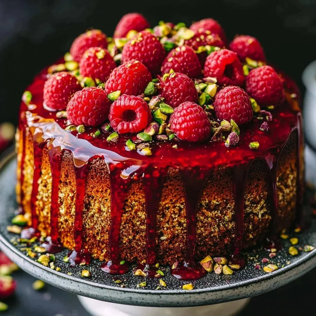 Delicious Raspberry Pistachio Layer Cake with fresh raspberries and pistachio nuts