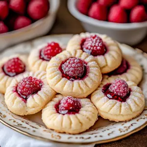Plate of Raspberry Shortbread Delights with fresh raspberries