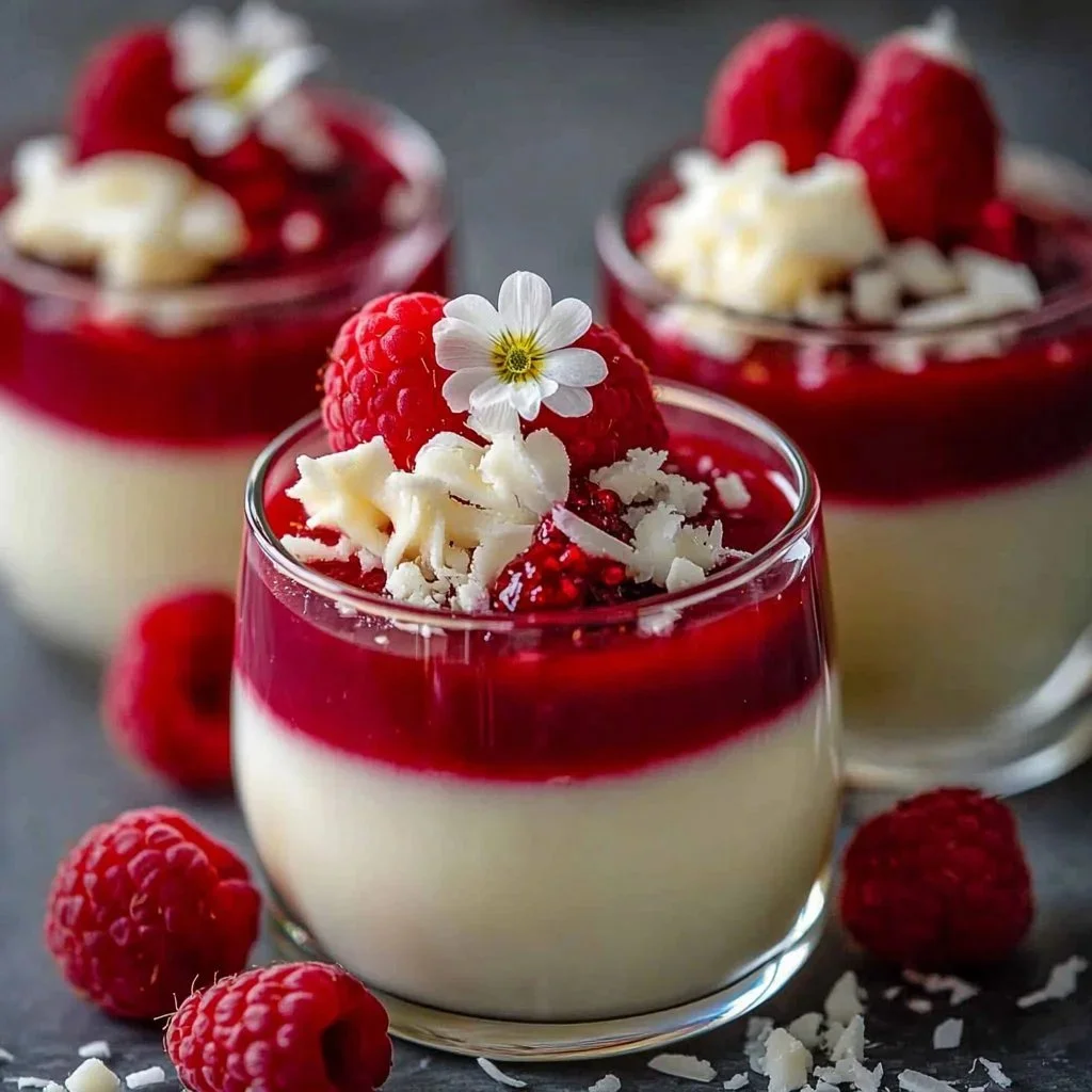 Raspberry White Chocolate Mousse Cups elegantly presented in dessert glasses.