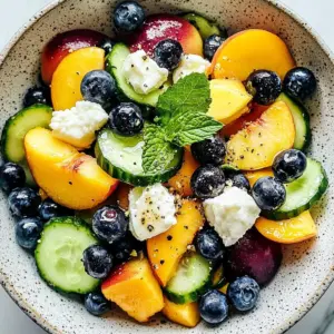 Refreshing blueberry peach feta salad with vibrant colors and textures.