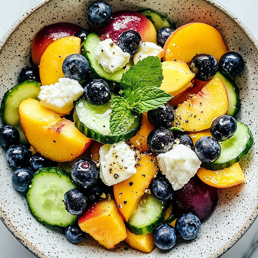 Refreshing blueberry peach feta salad with vibrant colors and textures.