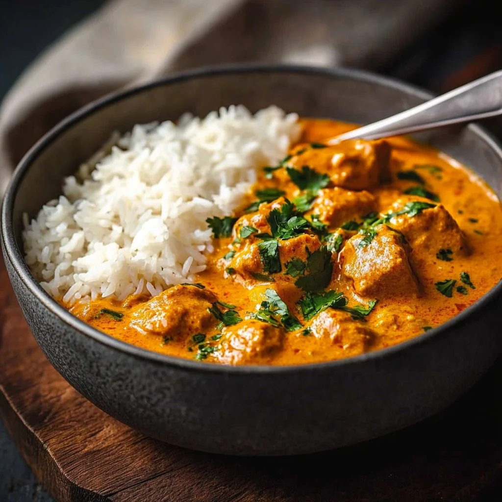 Delicious restaurant-style butter chicken served with rice and naan bread.