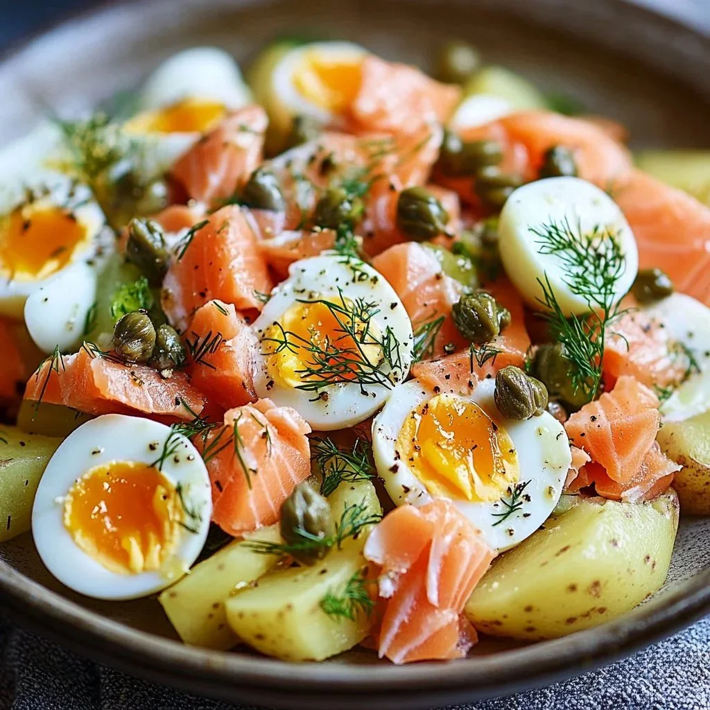 Russian salmon potato salad with eggs served in a bowl