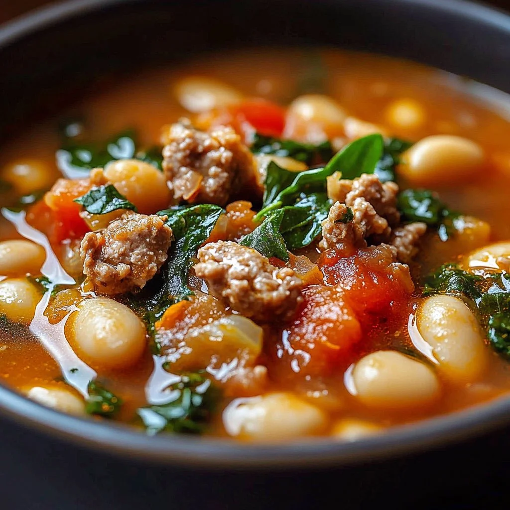 Bowl of spicy Italian sausage bean soup with beans and greens