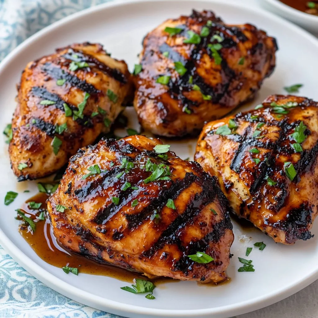 Plate of savory balsamic chicken garnished with herbs