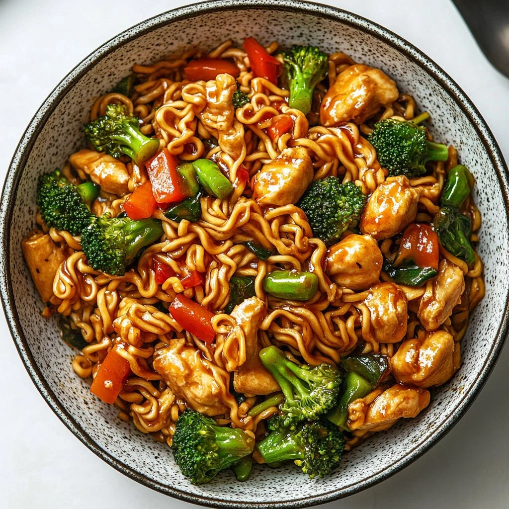 Savory chicken ramen stir-fry with colorful vegetables and delicious broth