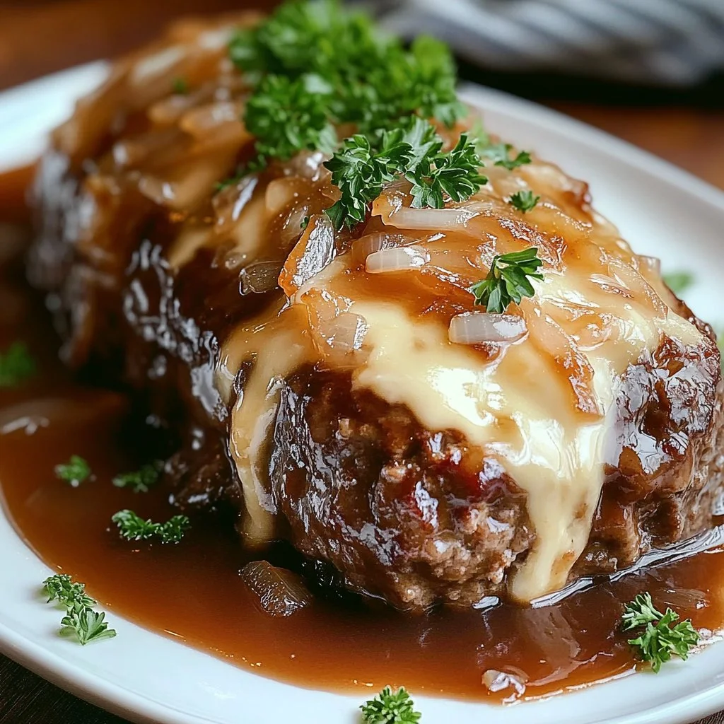 Savory French onion meatloaf garnished with herbs on a plate