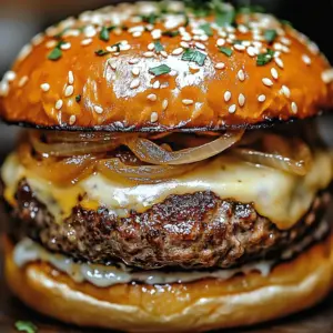 Savory French onion soup burgers topped with melted cheese and caramelized onions.