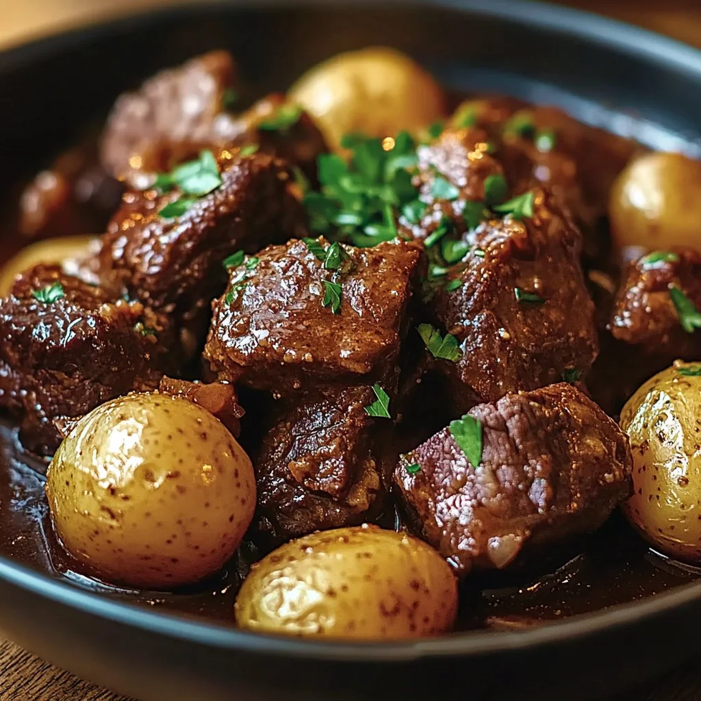 Savory garlic butter beef with potatoes served on a plate